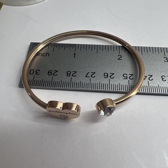 Pink Gold Plated Open Cuff Bangle, Heart Goddaughter Crystal - Picture 5 of 6